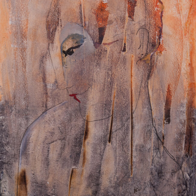 Mixed-media portrait of a woman's profile facing left, rendered in muted greys, beige, and soft orange, with a single bright red detail on the lips.