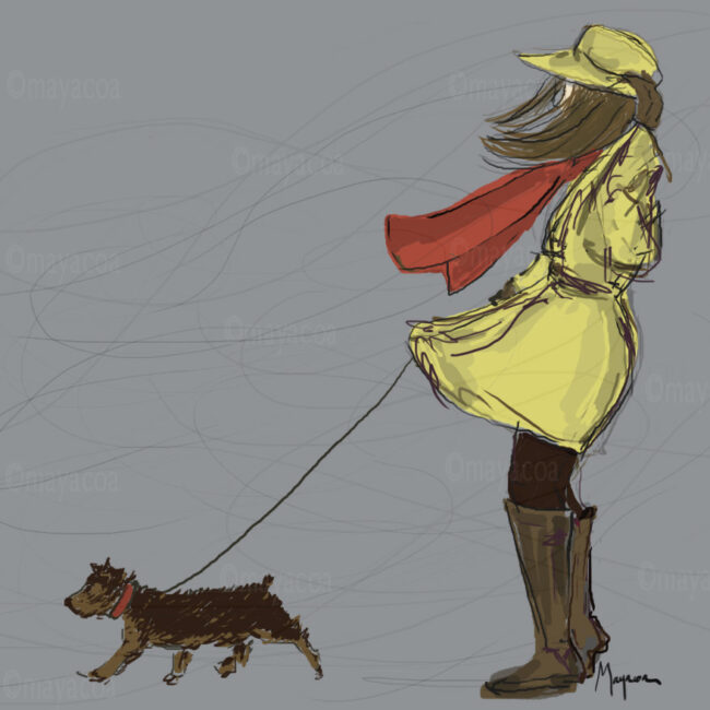 Sketchy, dynamic illustration of a woman in a yellow raincoat, hat, and tall brown boots walking a small brown dog against a strong wind, with her red scarf blowing dramatically.