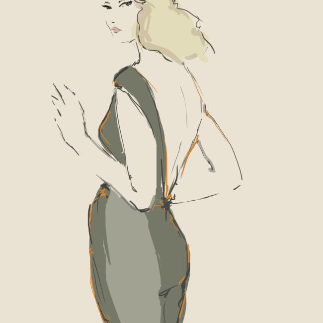 Loose fashion sketch of a blonde woman wearing a dark gray dress with a dramatic, deep V open back, looking over her shoulder.