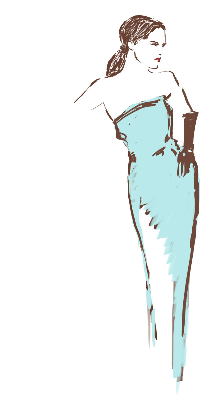 Glamorous fashion illustration of a woman in a long, fitted strapless aqua blue gown and long dark brown evening gloves, standing with a dramatic pose.