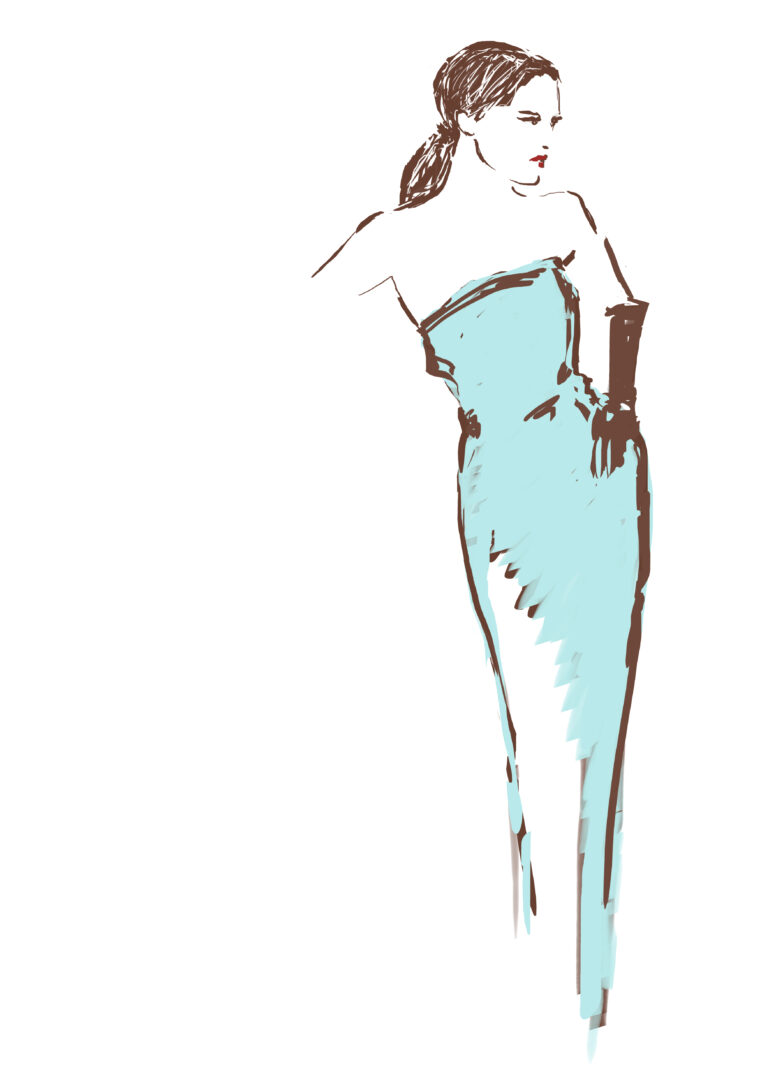 Glamorous fashion illustration of a woman in a long, fitted strapless aqua blue gown and long dark brown evening gloves, standing with a dramatic pose.