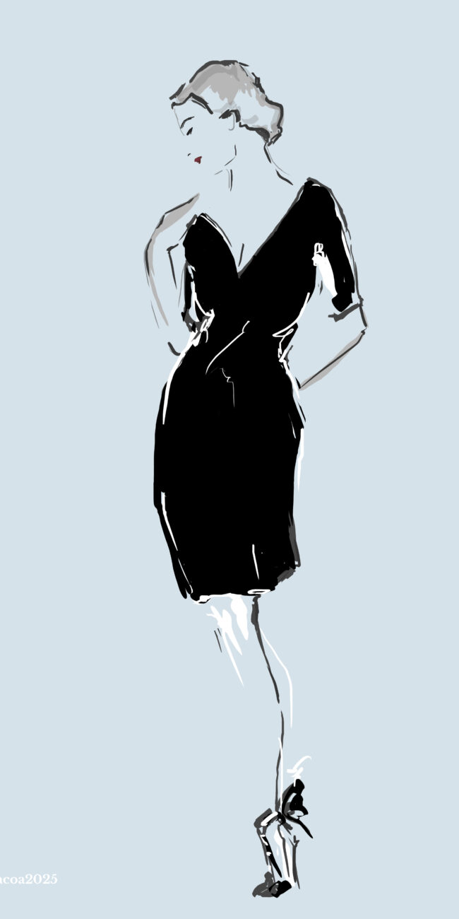 Elegant fashion sketch of a woman in a classic, short black cocktail dress with a V-neck and a cinched waist, viewed from the back-three-quarters angle on a light blue background.