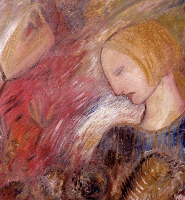 Oil painting with two abstract figures; one in the foreground with short blonde hair and a blue top, against an intense, textured red and brown background.