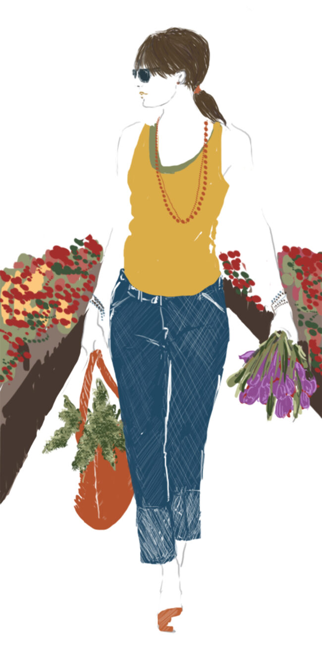 Fashion sketch illustration of a stylish woman in a yellow tank top, blue jeans, and red beads, walking away from a flower stall, holding a bouquet of purple tulips and a basket of produce.