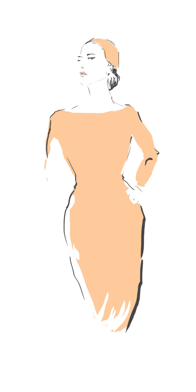 Minimalist fashion sketch of a woman in a fitted, peach-colored, off-the-shoulder pencil dress, showcasing a classic hourglass silhouette.