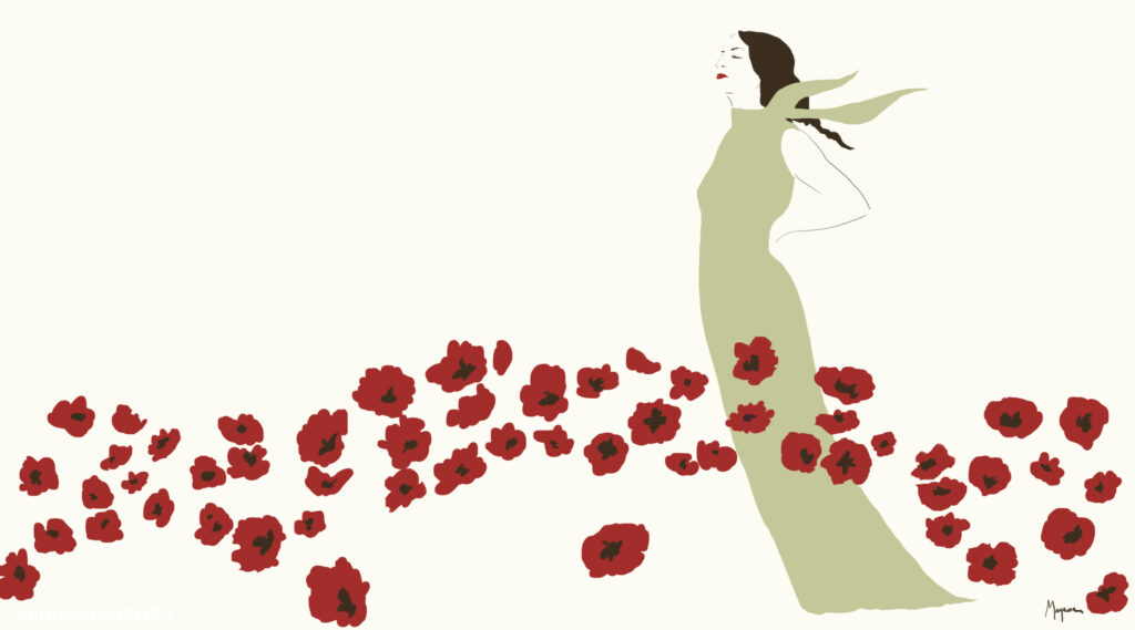 Minimalist illustration of a woman in a long flowing sage green dress standing among a swirl of bright red poppy flowers.