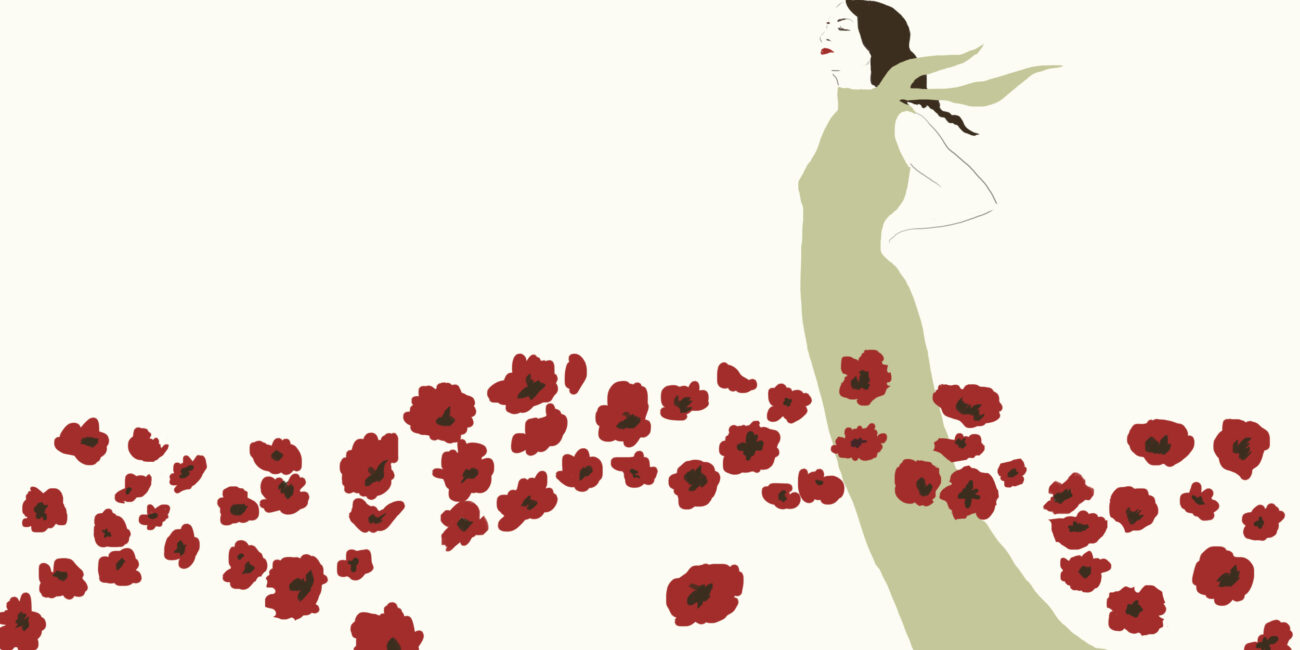 Minimalist illustration of a woman in a long flowing sage green dress standing among a swirl of bright red poppy flowers.