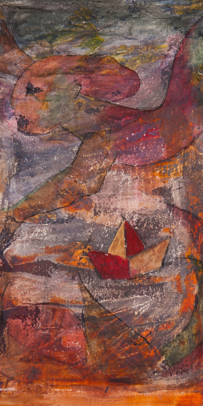 Dark, textured abstract painting in brown, red, and gray, featuring a prominent image of a small, red and white folded paper boat floating within a swirling sea of abstract forms.