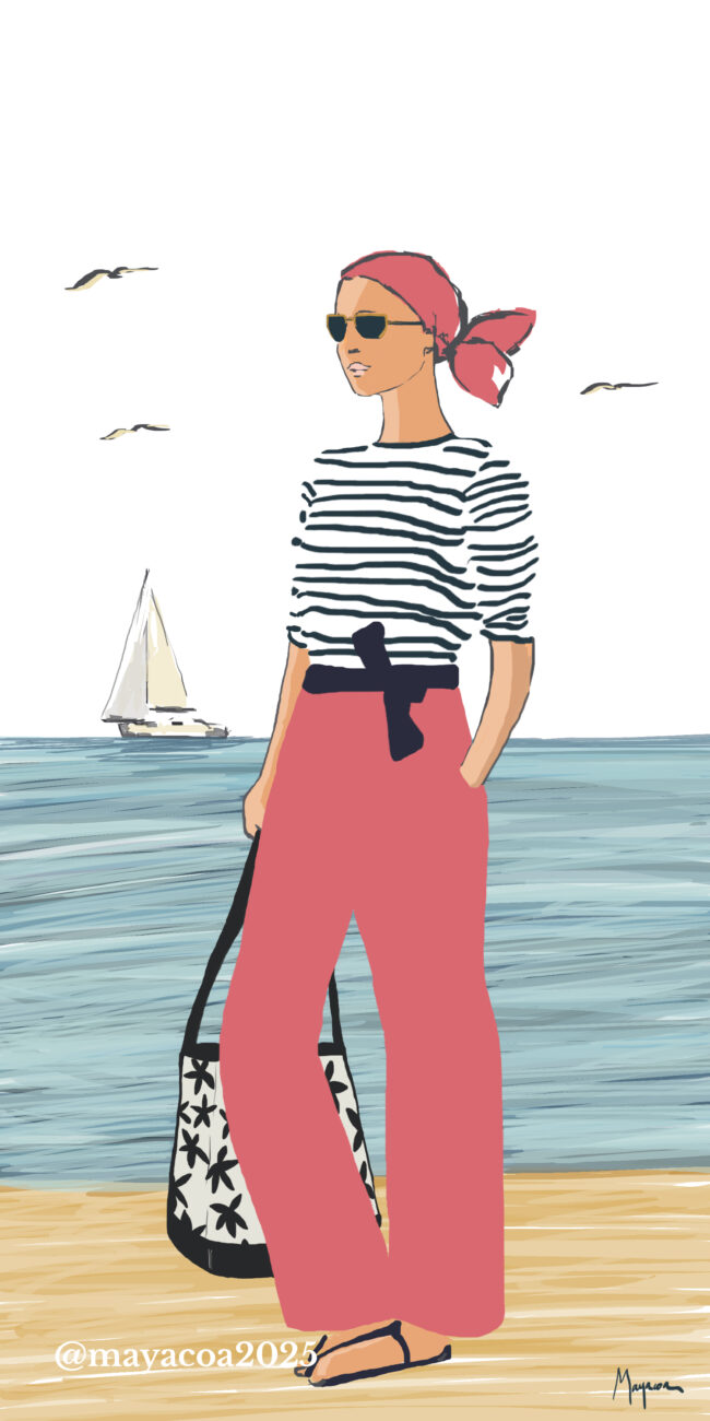 Stylish fashion illustration of a woman in a nautical black and white striped shirt, bright coral wide-leg pants, a red headscarf, and sunglasses, standing by the sea with a sailboat in the background.