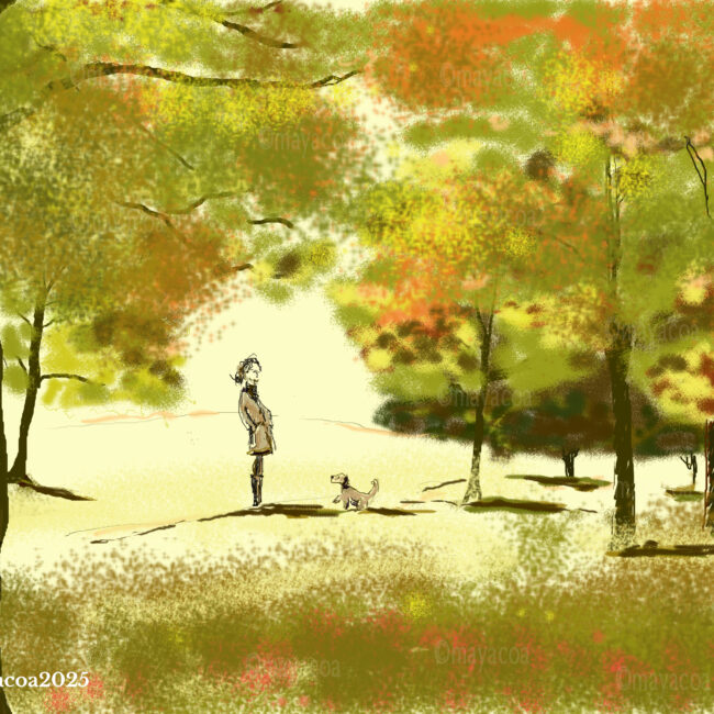 Impressionistic illustration of a person and their small dog standing in a sun-dappled park during autumn, surrounded by trees with warm yellow, green, and orange foliage.